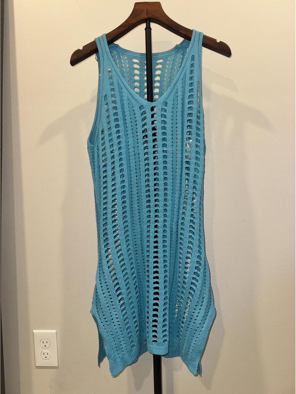 Y2K Aqua Crochet Knit Cover Up Dress Festival Boho Sleeveless